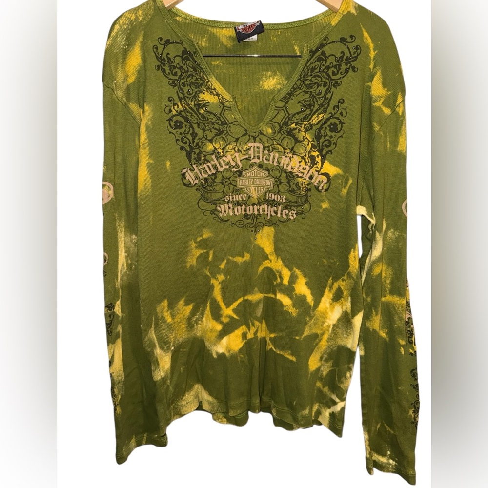 Vintage Y2K Harley Davidson tie dye vneck long sleeve studded top shirt green XL